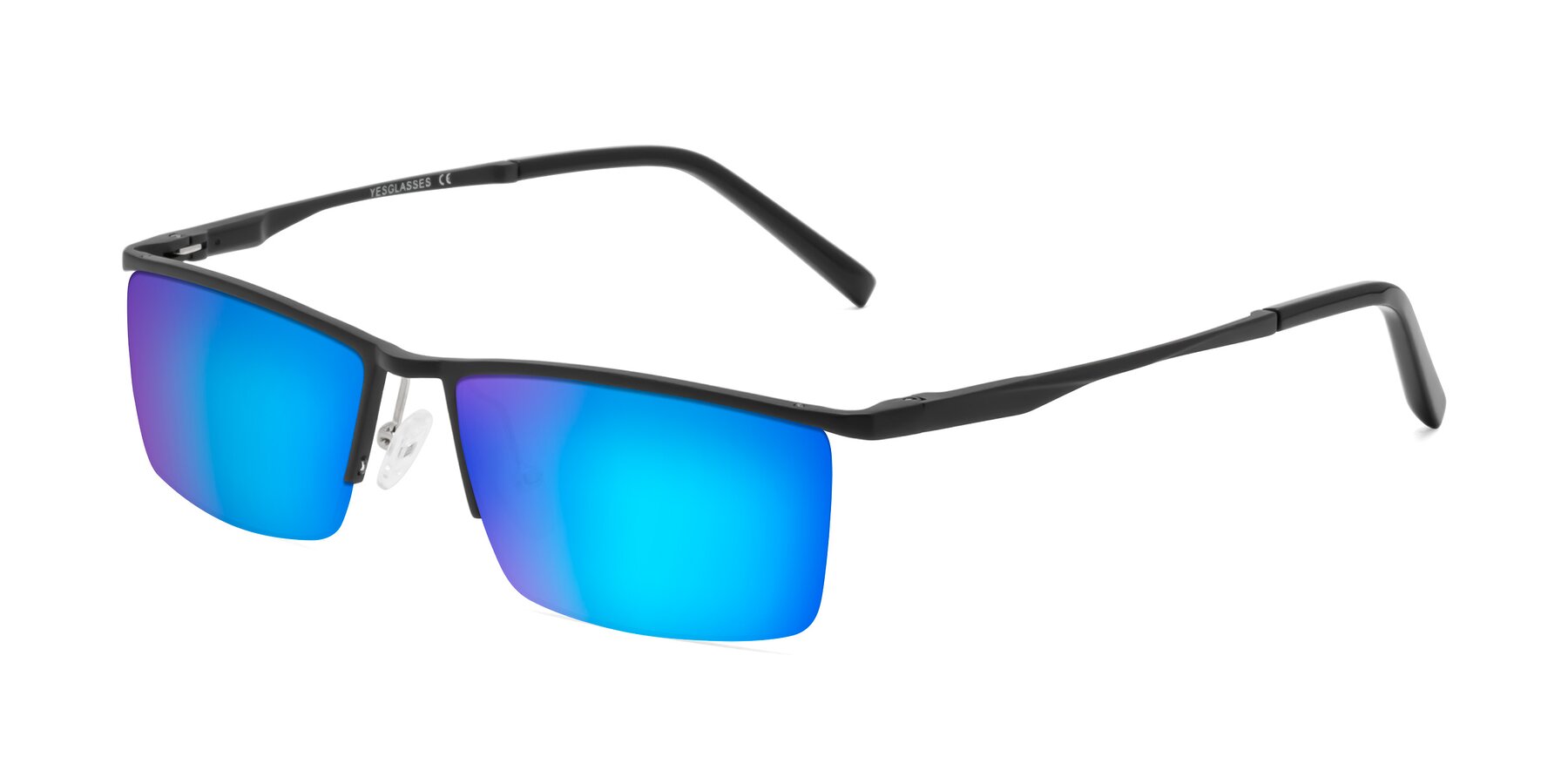 Black Magnesium Alloy Rectangle Semi-Rimless Mirrored Sunglasses with Blue Sunwear Lenses - Hamiti