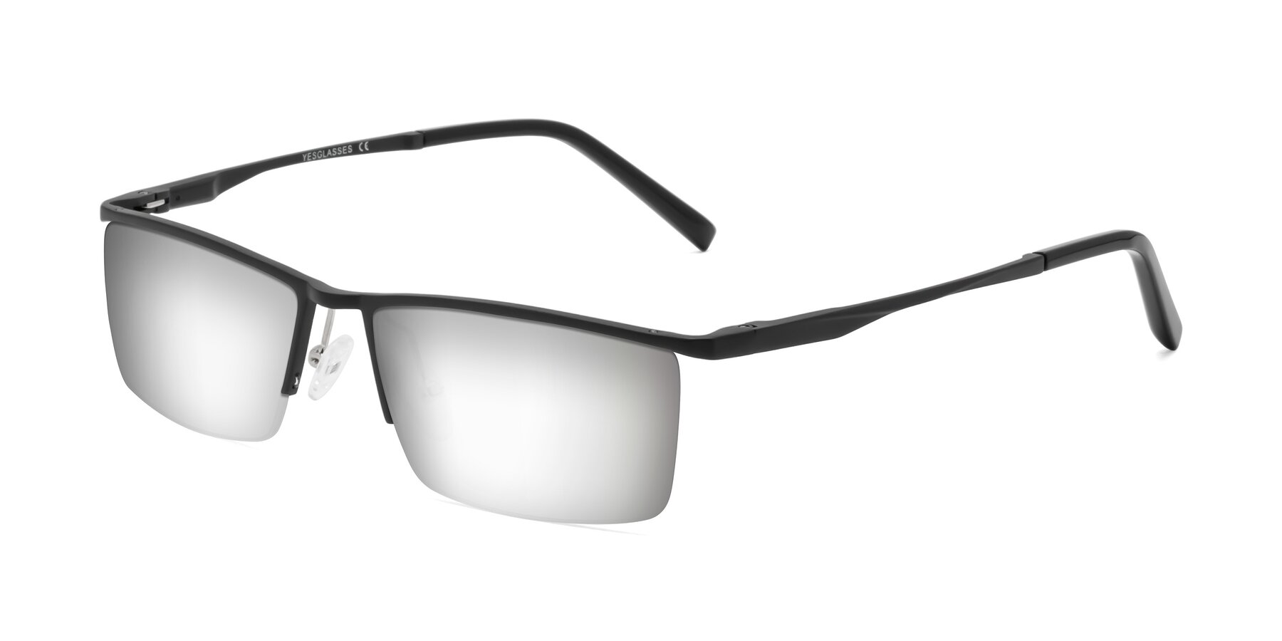Black Magnesium Alloy Rectangle Semi-Rimless Mirrored Sunglasses with Silver Sunwear Lenses - Hamiti