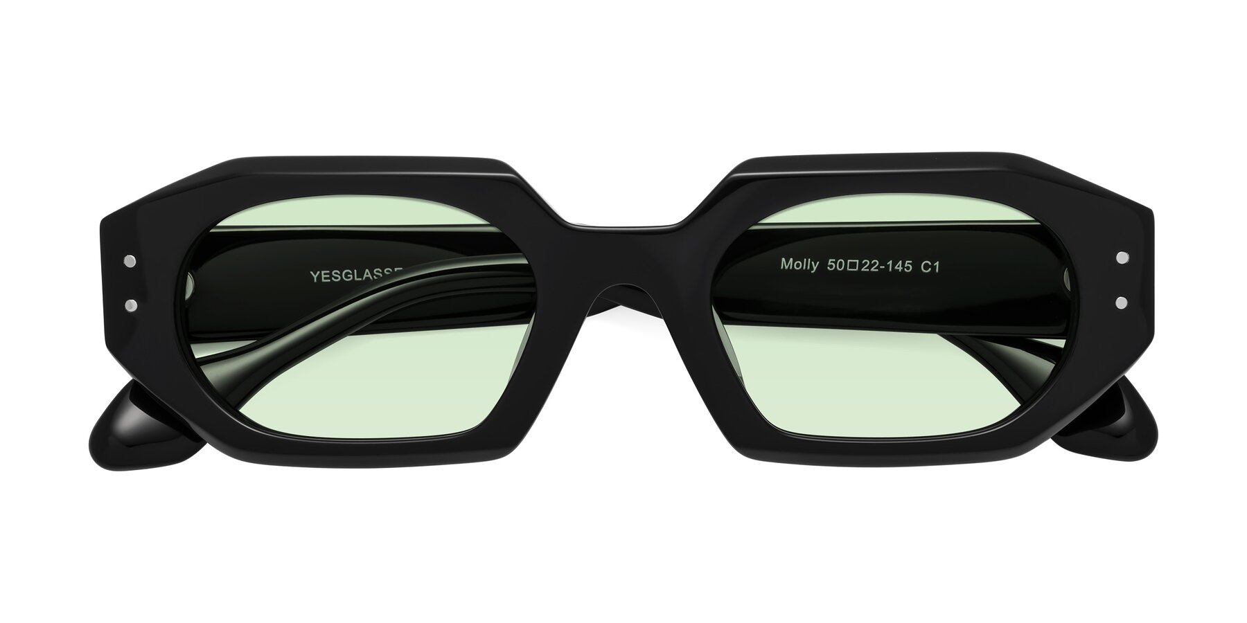 Folded Front of Molly in Black with Light Green Tinted Lenses