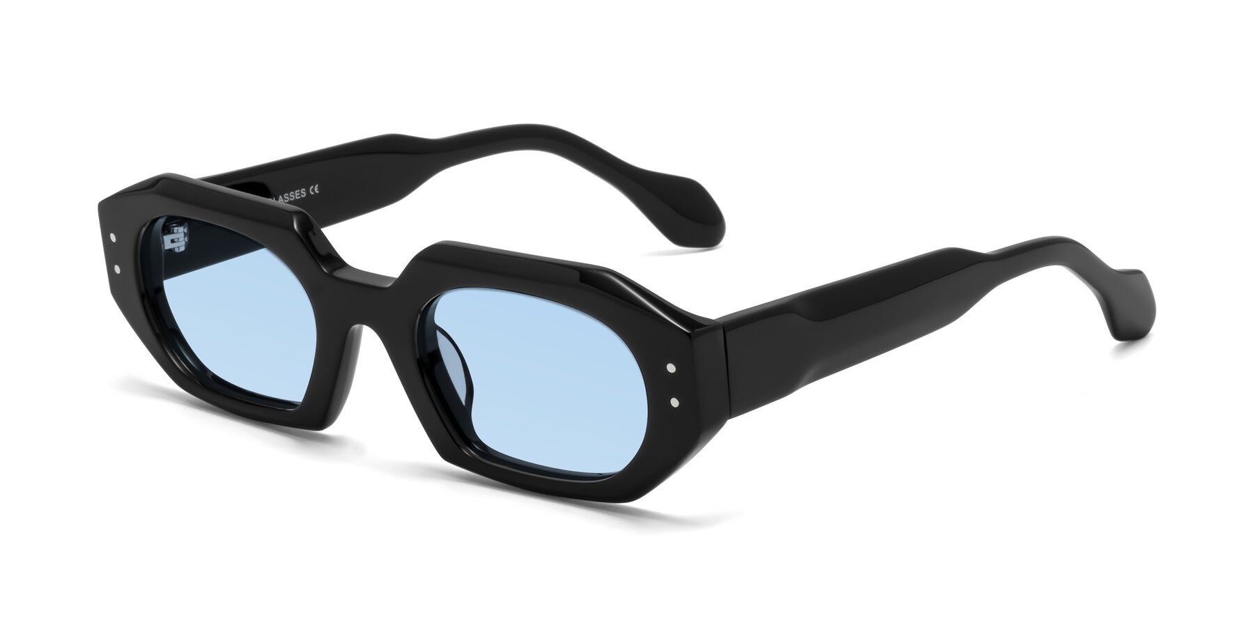 Angle of Molly in Black with Light Blue Tinted Lenses