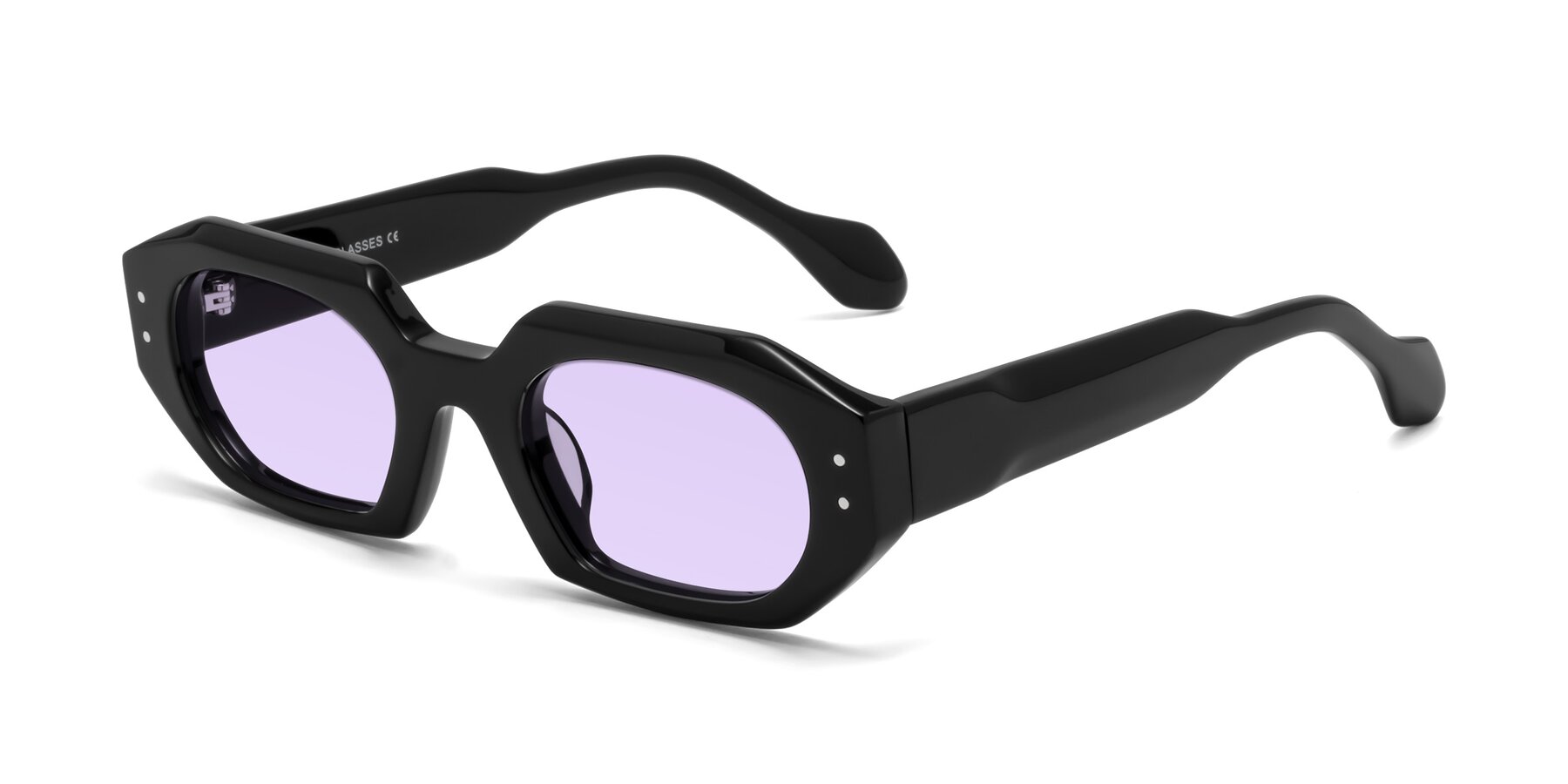 Angle of Molly in Black with Light Purple Tinted Lenses