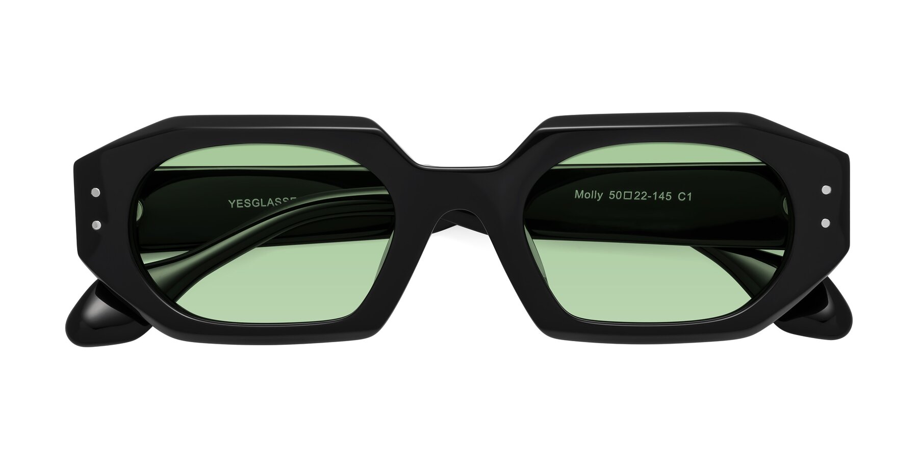 Folded Front of Molly in Black with Medium Green Tinted Lenses