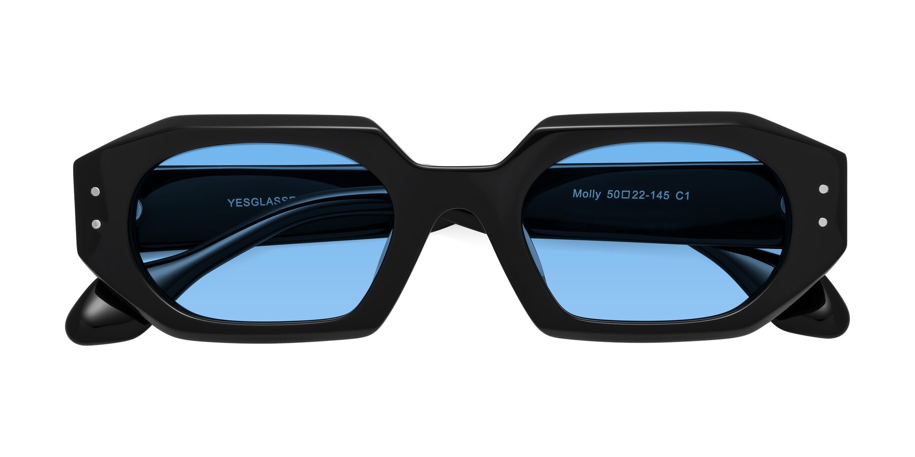 Folded Front of Molly in Black with Medium Blue Tinted Lenses
