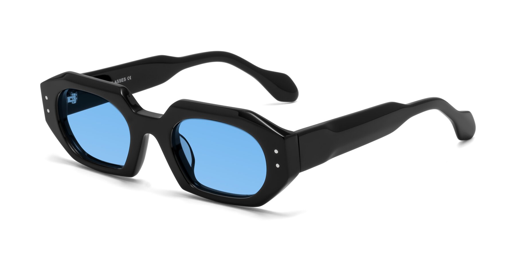 Angle of Molly in Black with Medium Blue Tinted Lenses