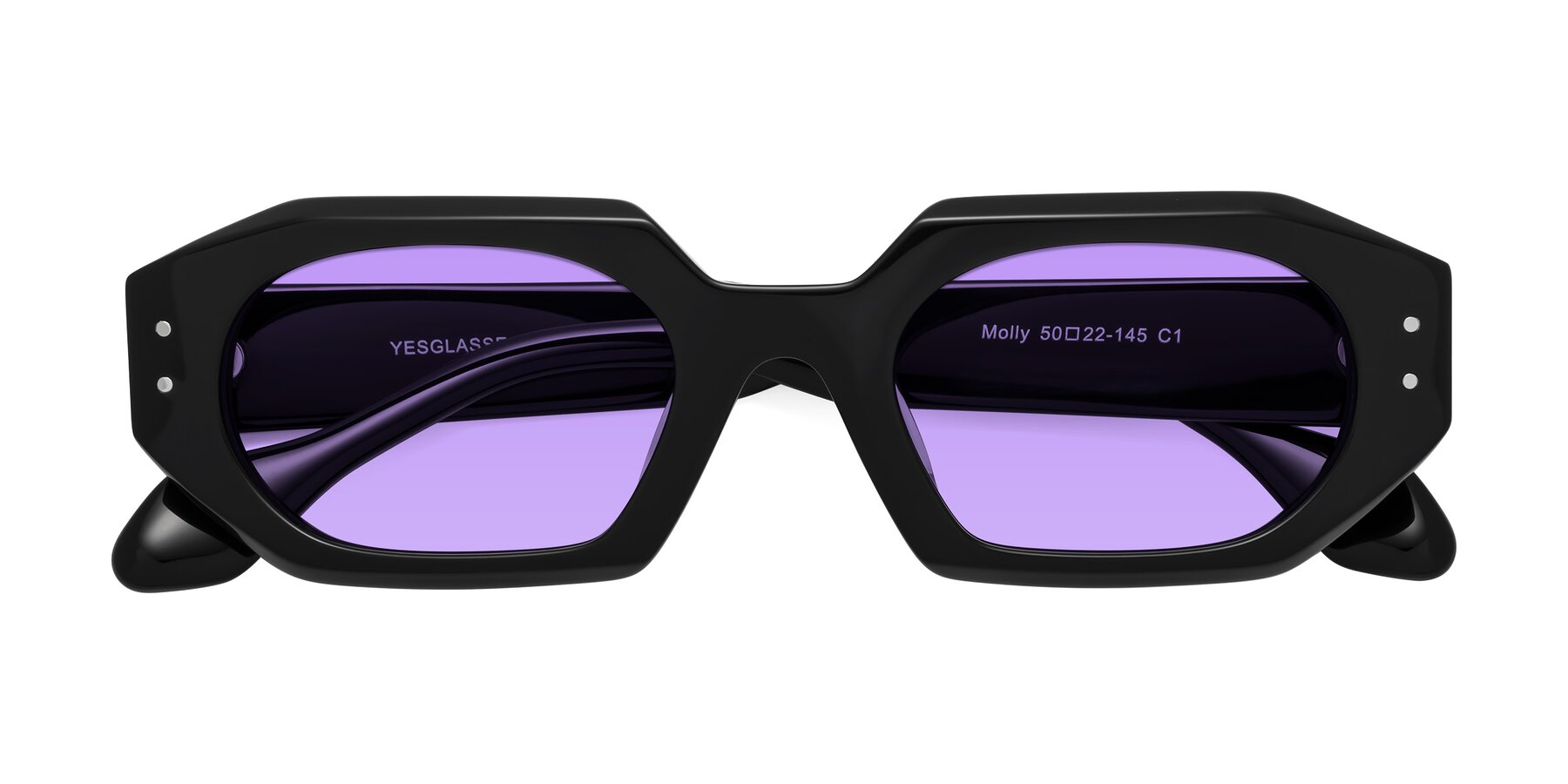 Folded Front of Molly in Black with Medium Purple Tinted Lenses