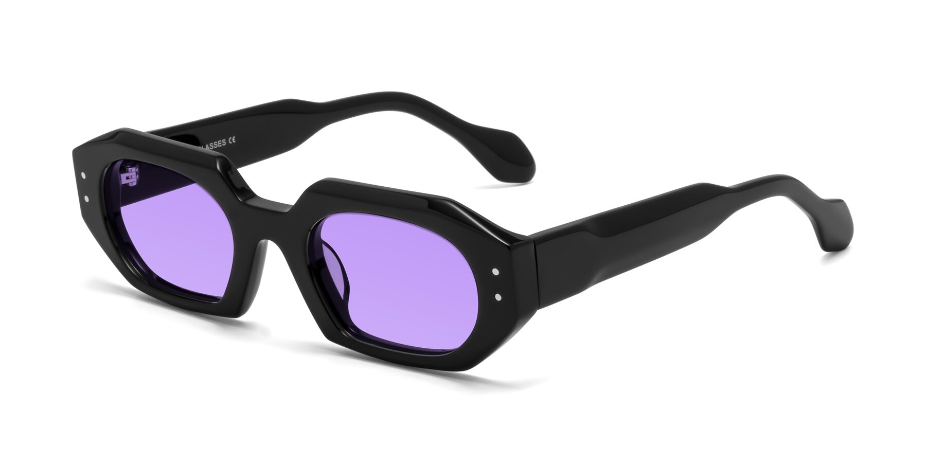 Angle of Molly in Black with Medium Purple Tinted Lenses