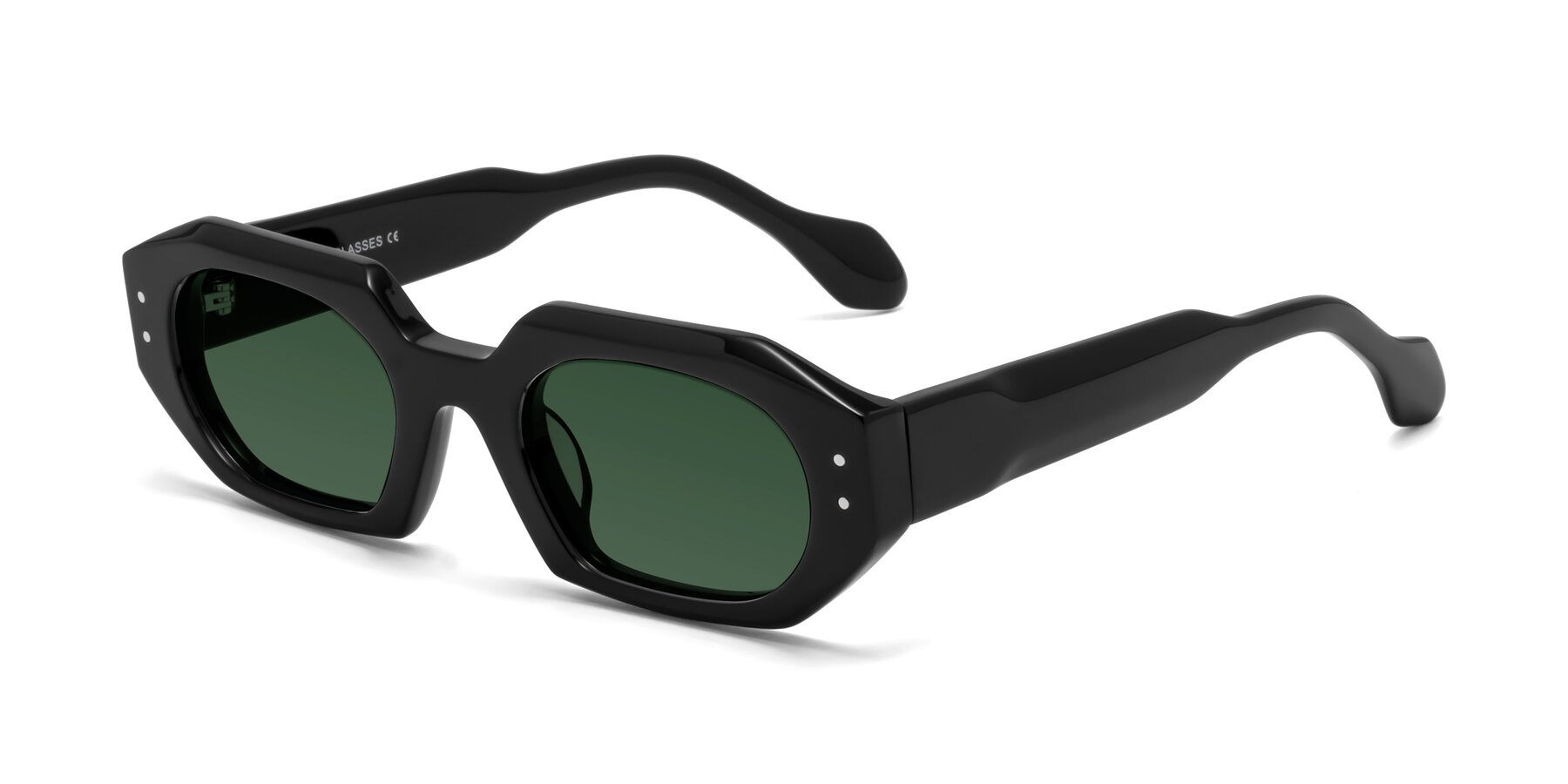 Angle of Molly in Black with Green Tinted Lenses