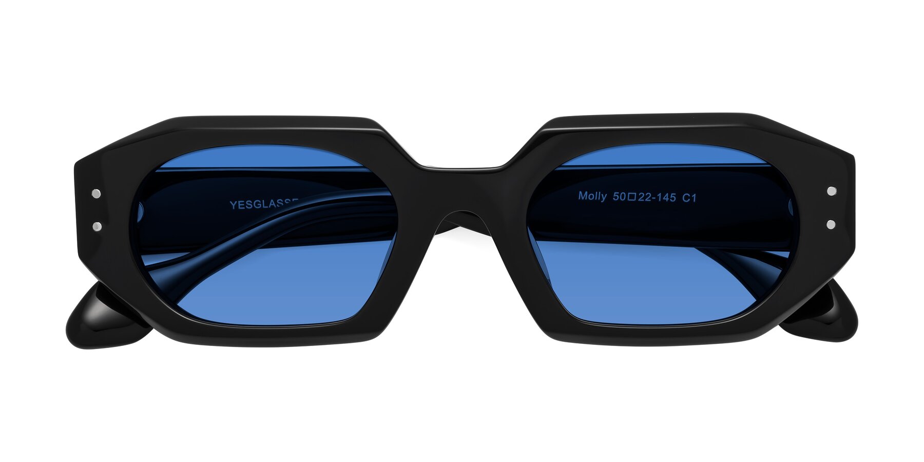 Folded Front of Molly in Black with Blue Tinted Lenses