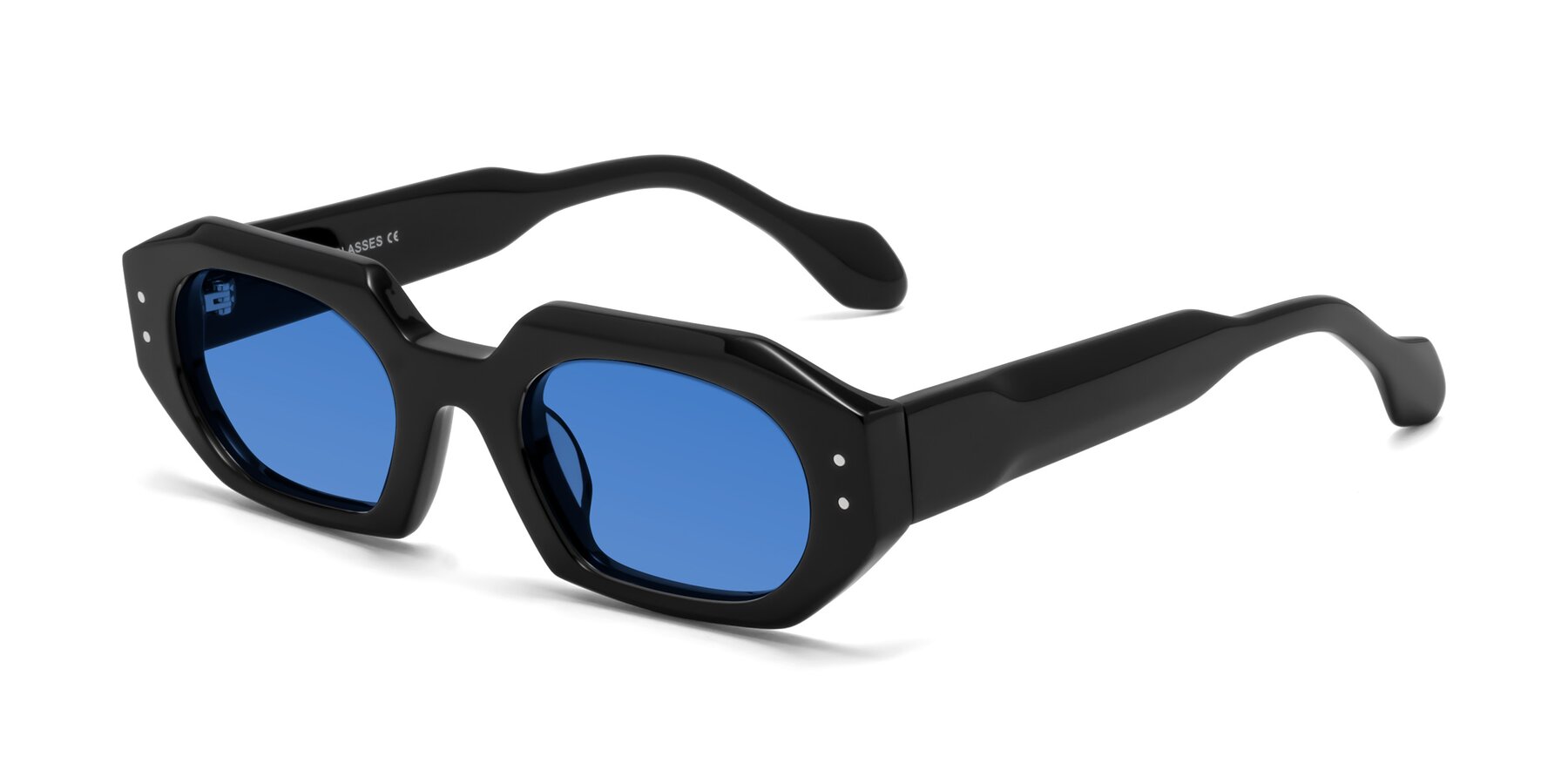 Angle of Molly in Black with Blue Tinted Lenses