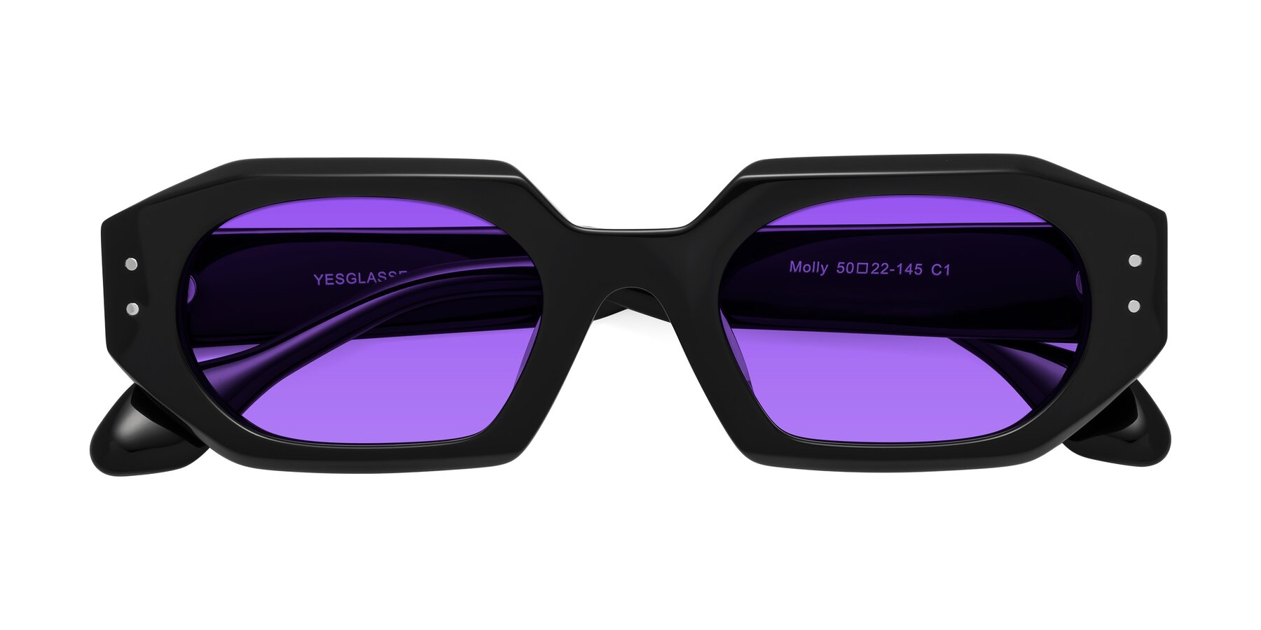 Folded Front of Molly in Black with Purple Tinted Lenses