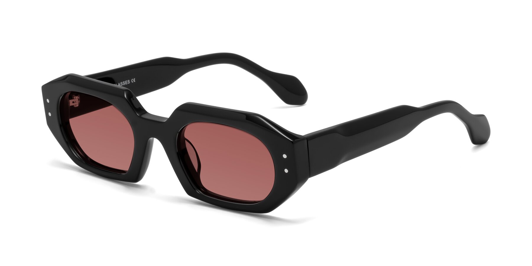 Angle of Molly in Black with Garnet Tinted Lenses