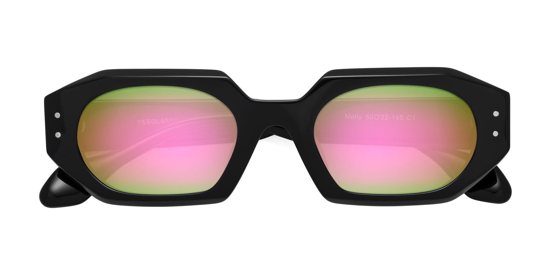 Folded Front of Molly in Black with Pink Mirrored Lenses