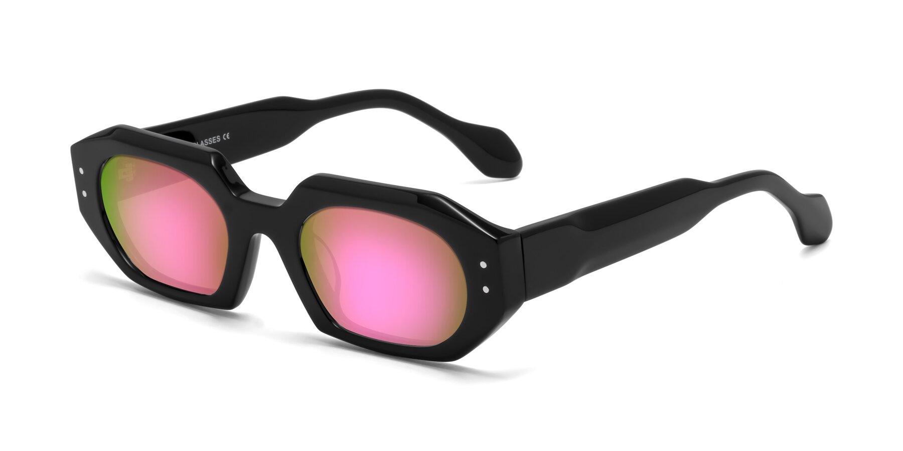Angle of Molly in Black with Pink Mirrored Lenses