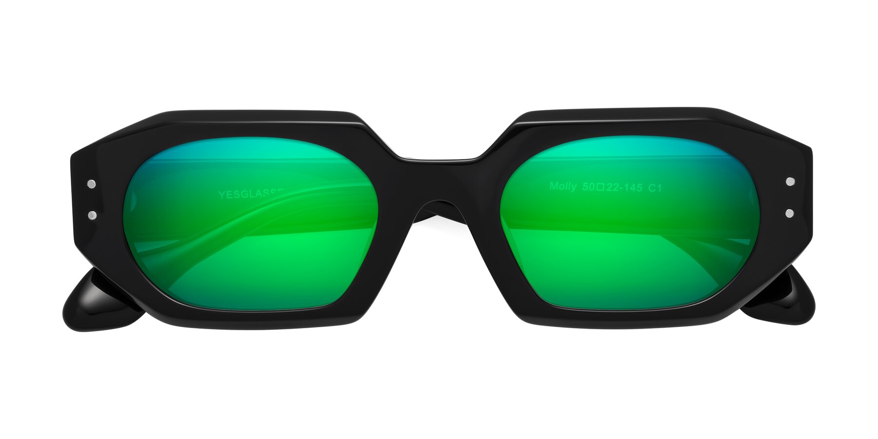 Folded Front of Molly in Black with Green Mirrored Lenses