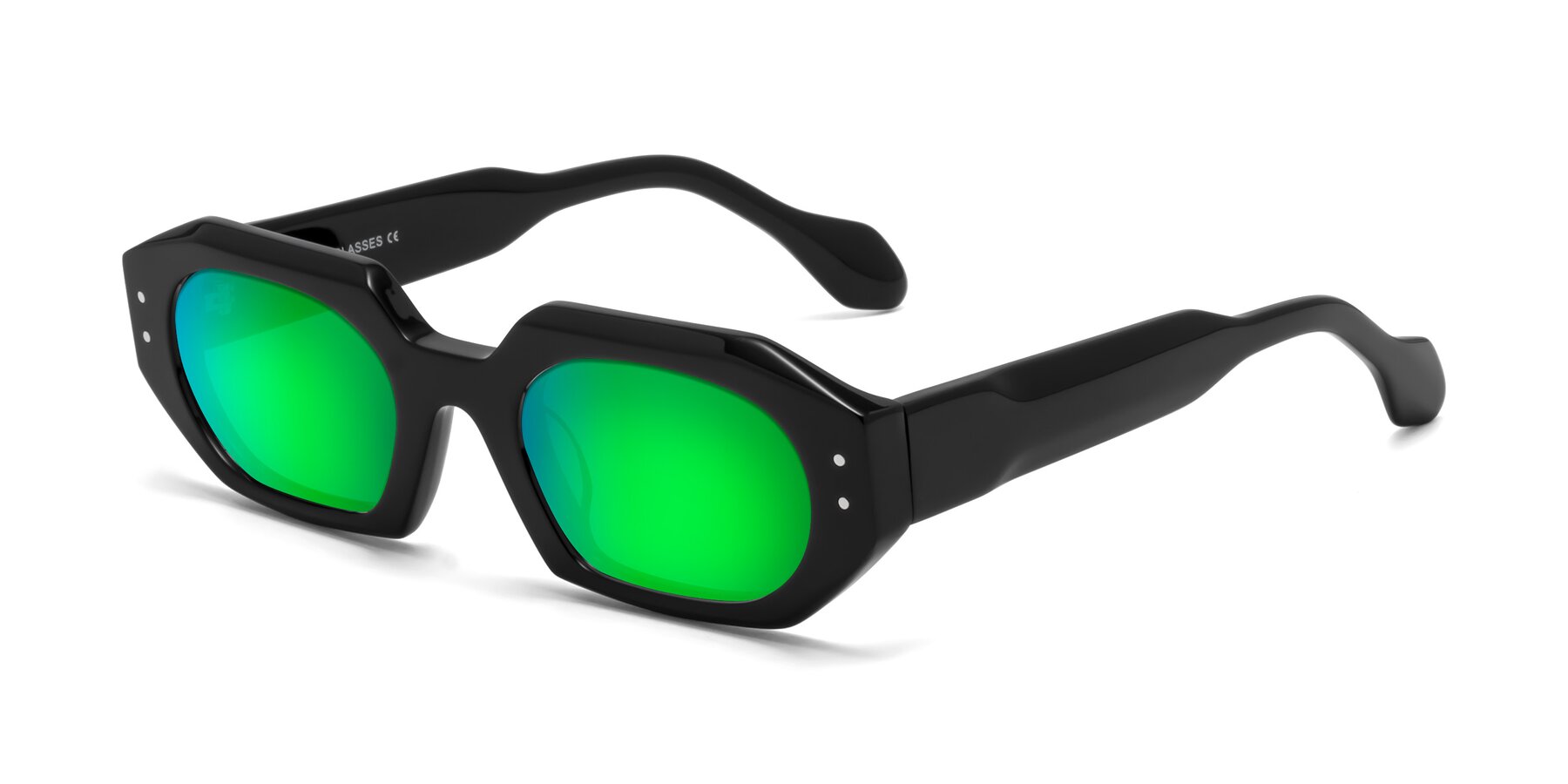 Angle of Molly in Black with Green Mirrored Lenses