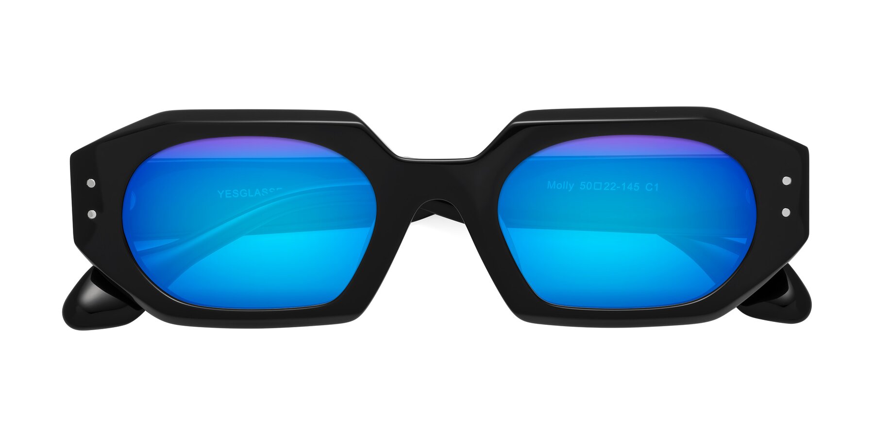 Folded Front of Molly in Black with Blue Mirrored Lenses