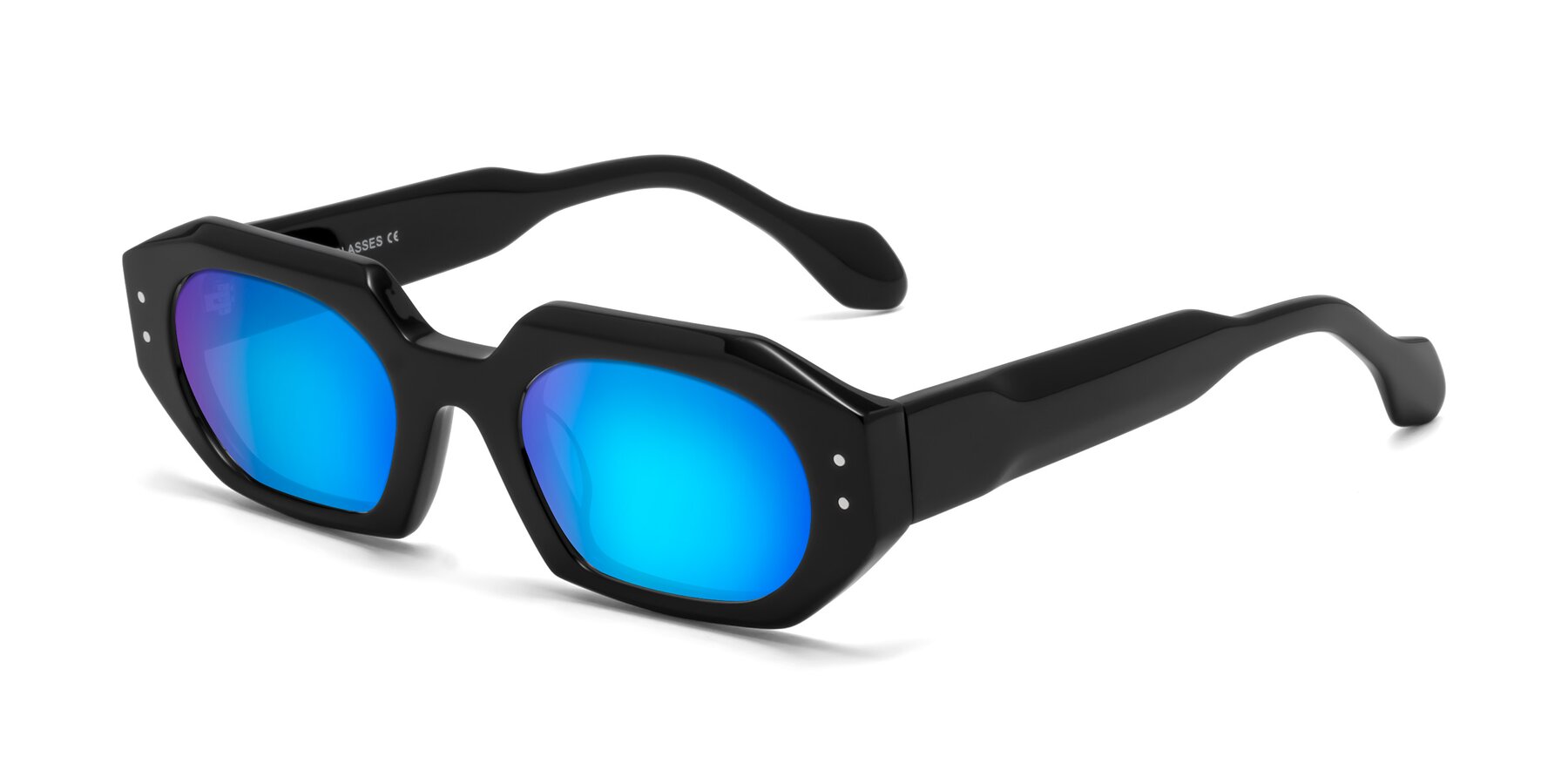 Angle of Molly in Black with Blue Mirrored Lenses