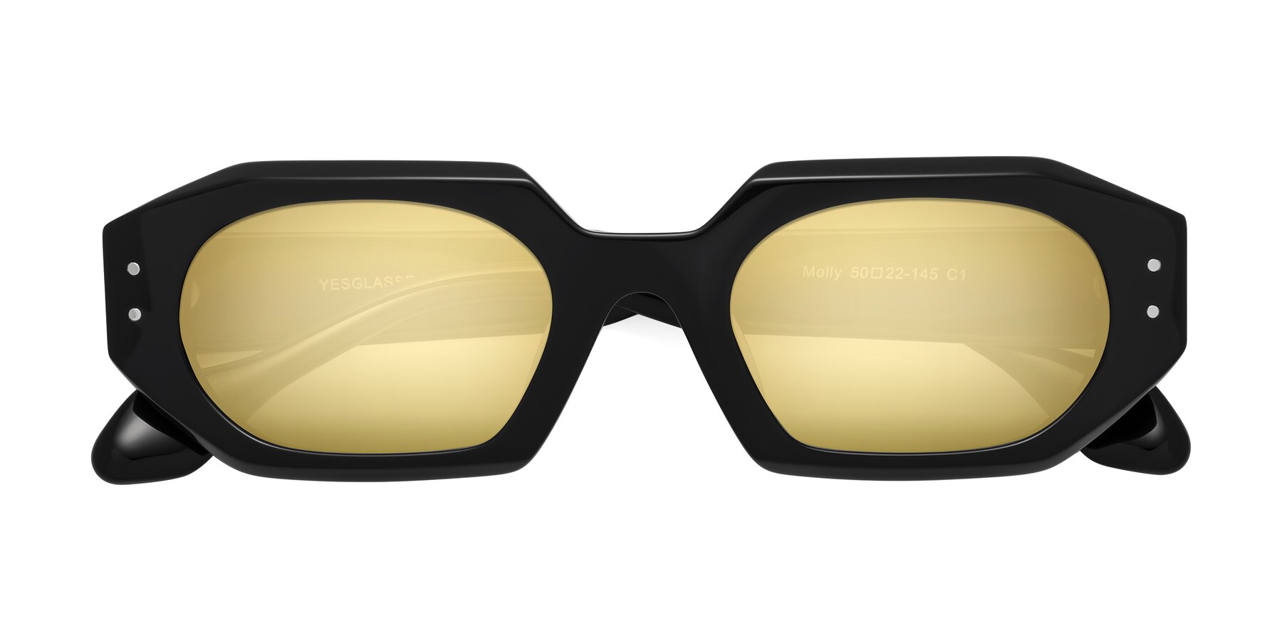 Folded Front of Molly in Black with Gold Mirrored Lenses