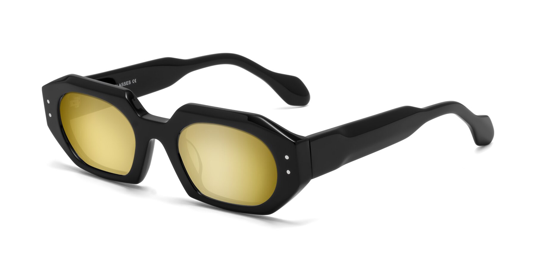 Angle of Molly in Black with Gold Mirrored Lenses