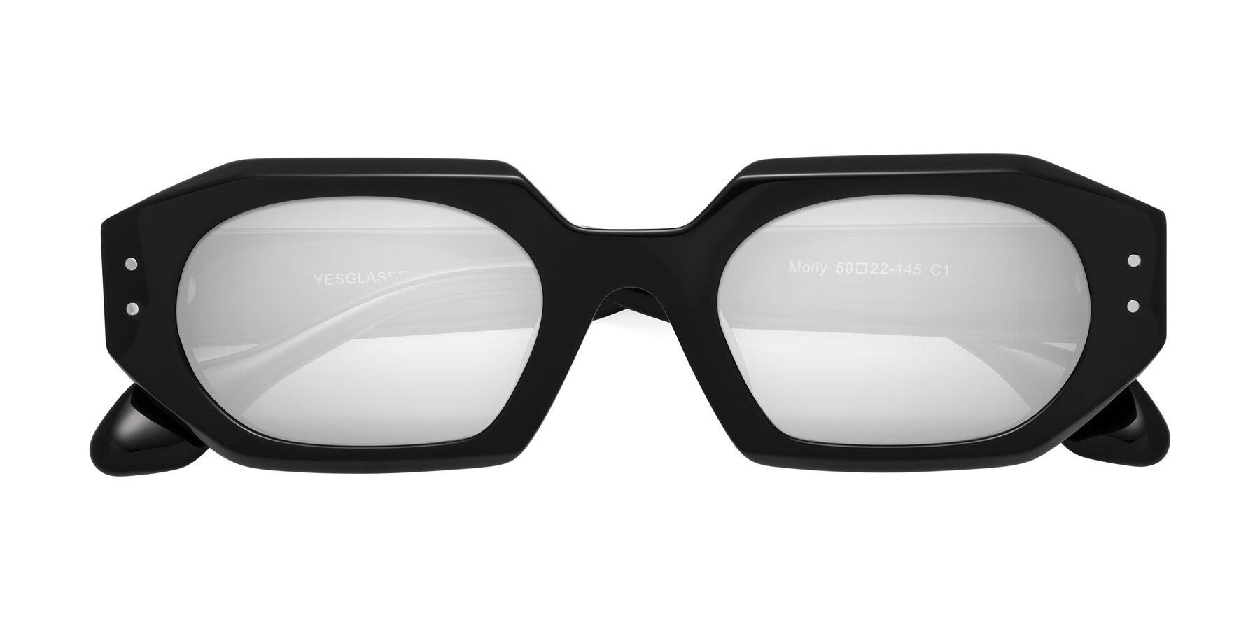 Folded Front of Molly in Black with Silver Mirrored Lenses