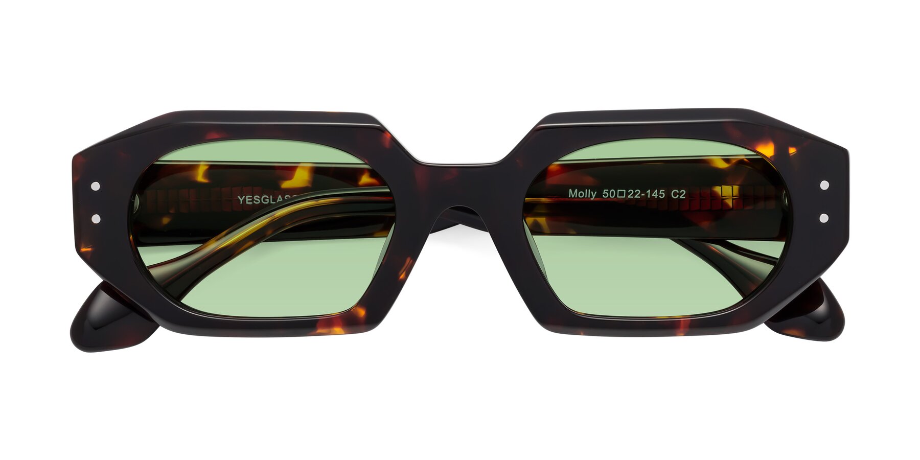 Folded Front of Molly in Tortoise with Medium Green Tinted Lenses