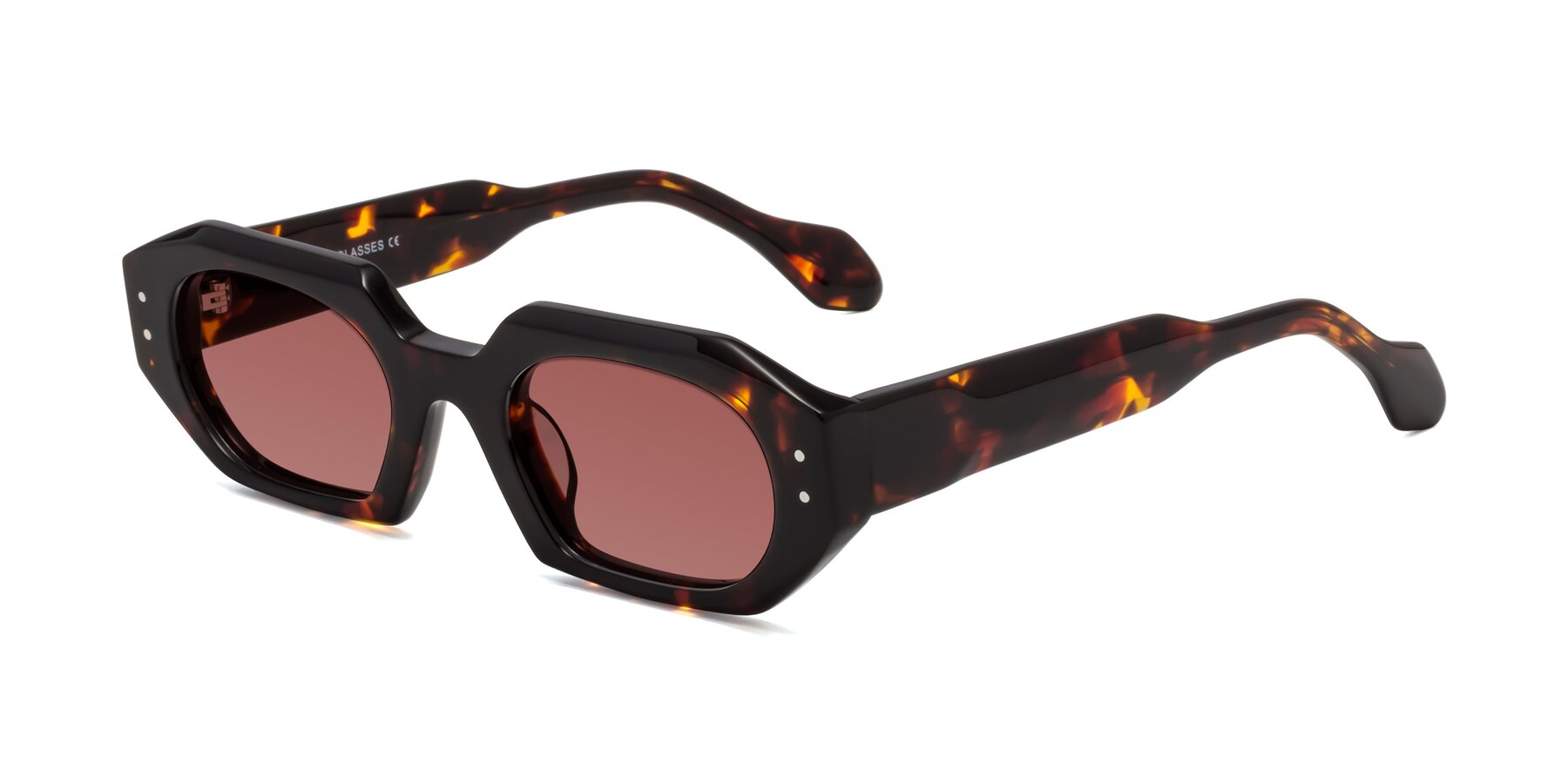 Angle of Molly in Tortoise with Garnet Tinted Lenses
