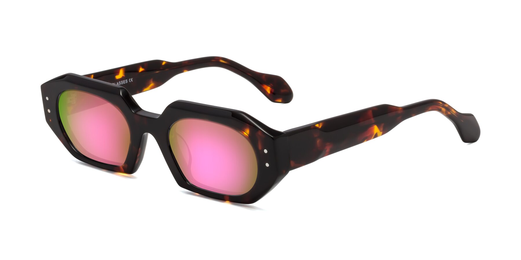 Angle of Molly in Tortoise with Pink Mirrored Lenses
