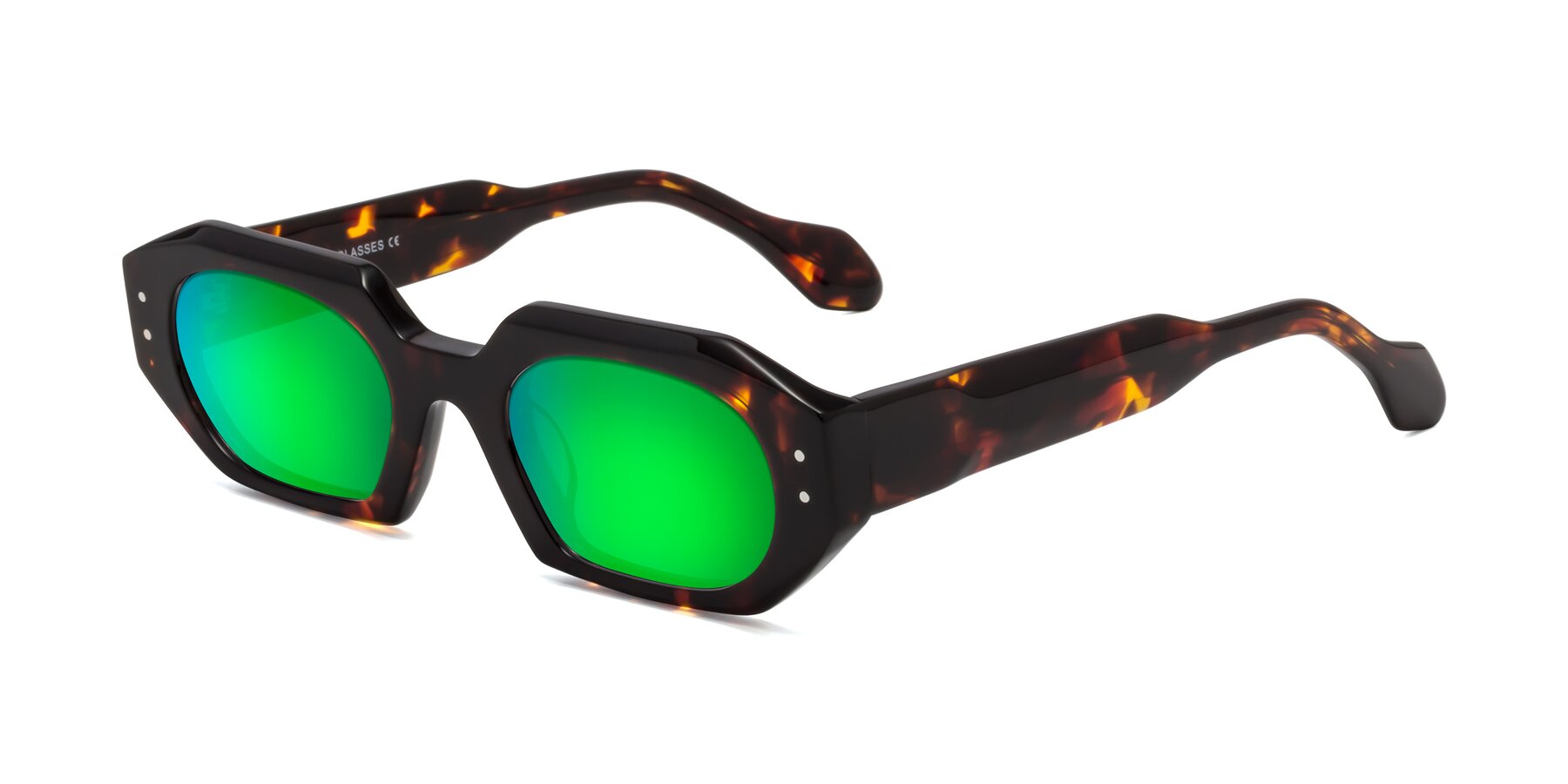 Angle of Molly in Tortoise with Green Mirrored Lenses