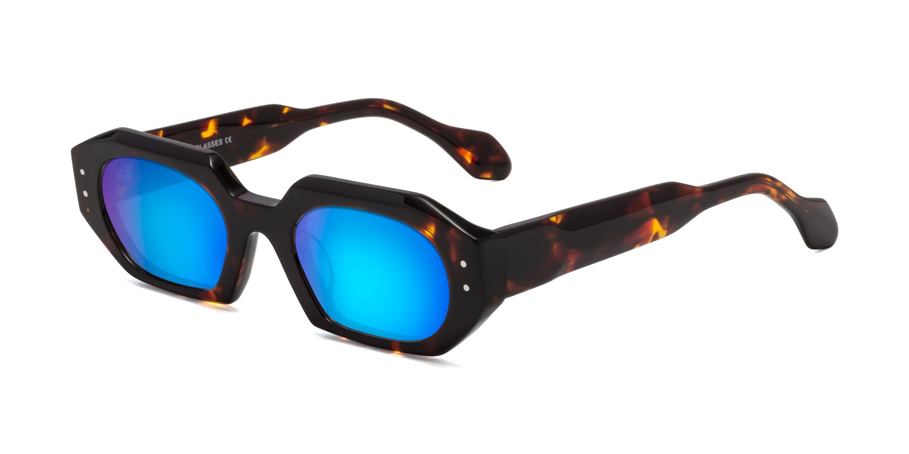 Angle of Molly in Tortoise with Blue Mirrored Lenses