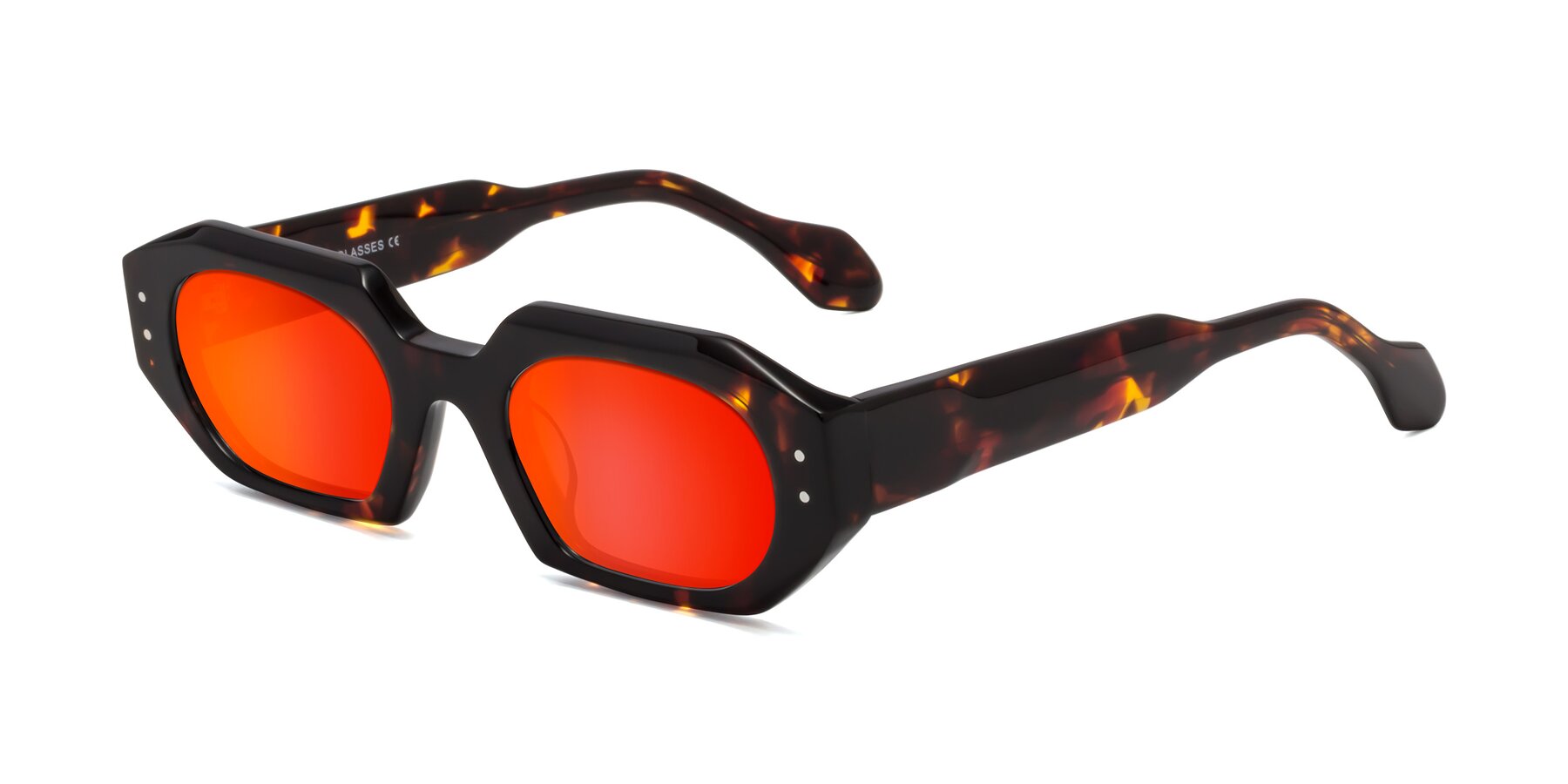 Angle of Molly in Tortoise with Red Gold Mirrored Lenses