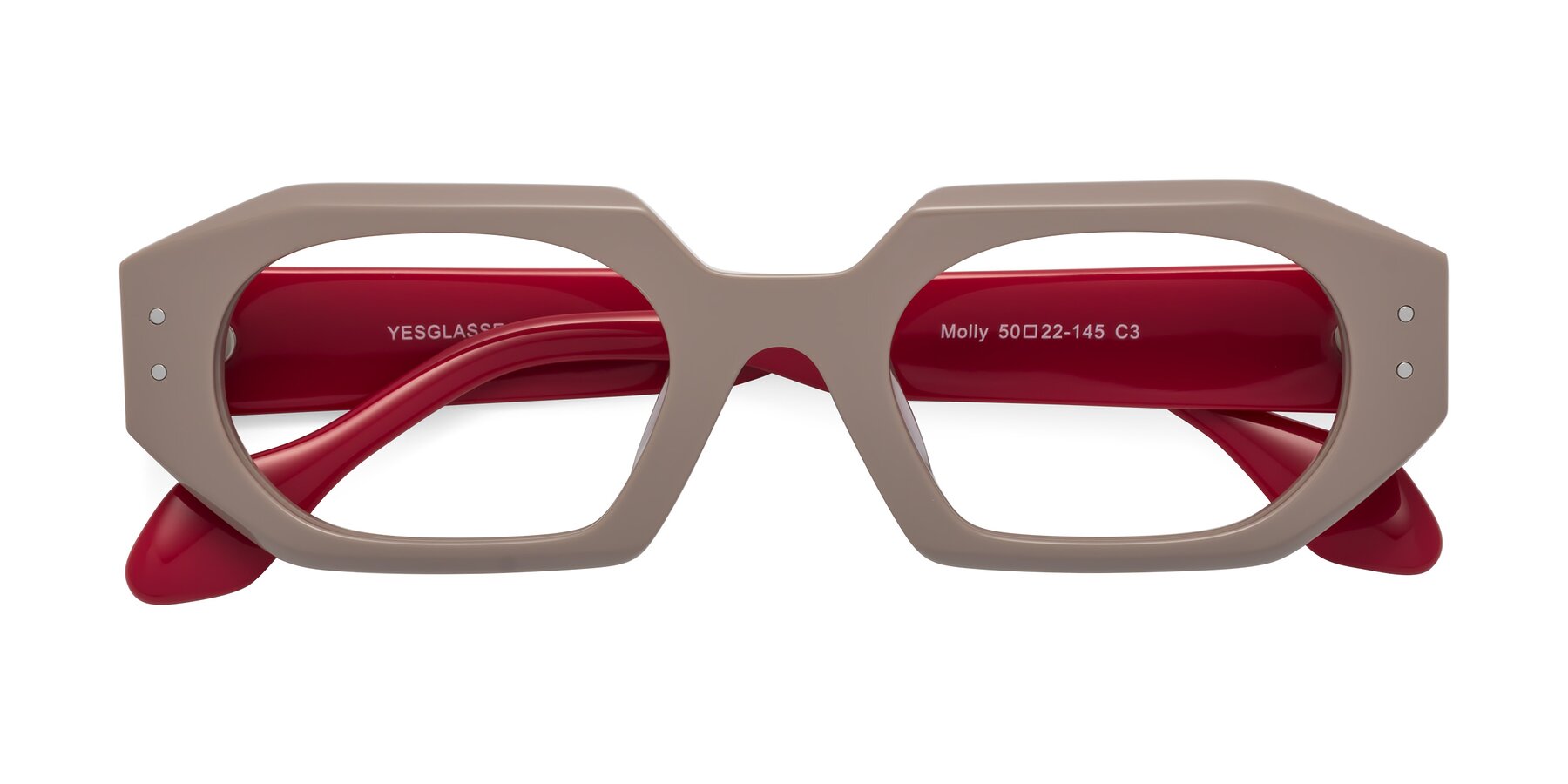 Folded Front of Molly in Pinkish Gray-Red with Clear Blue Light Blocking Lenses