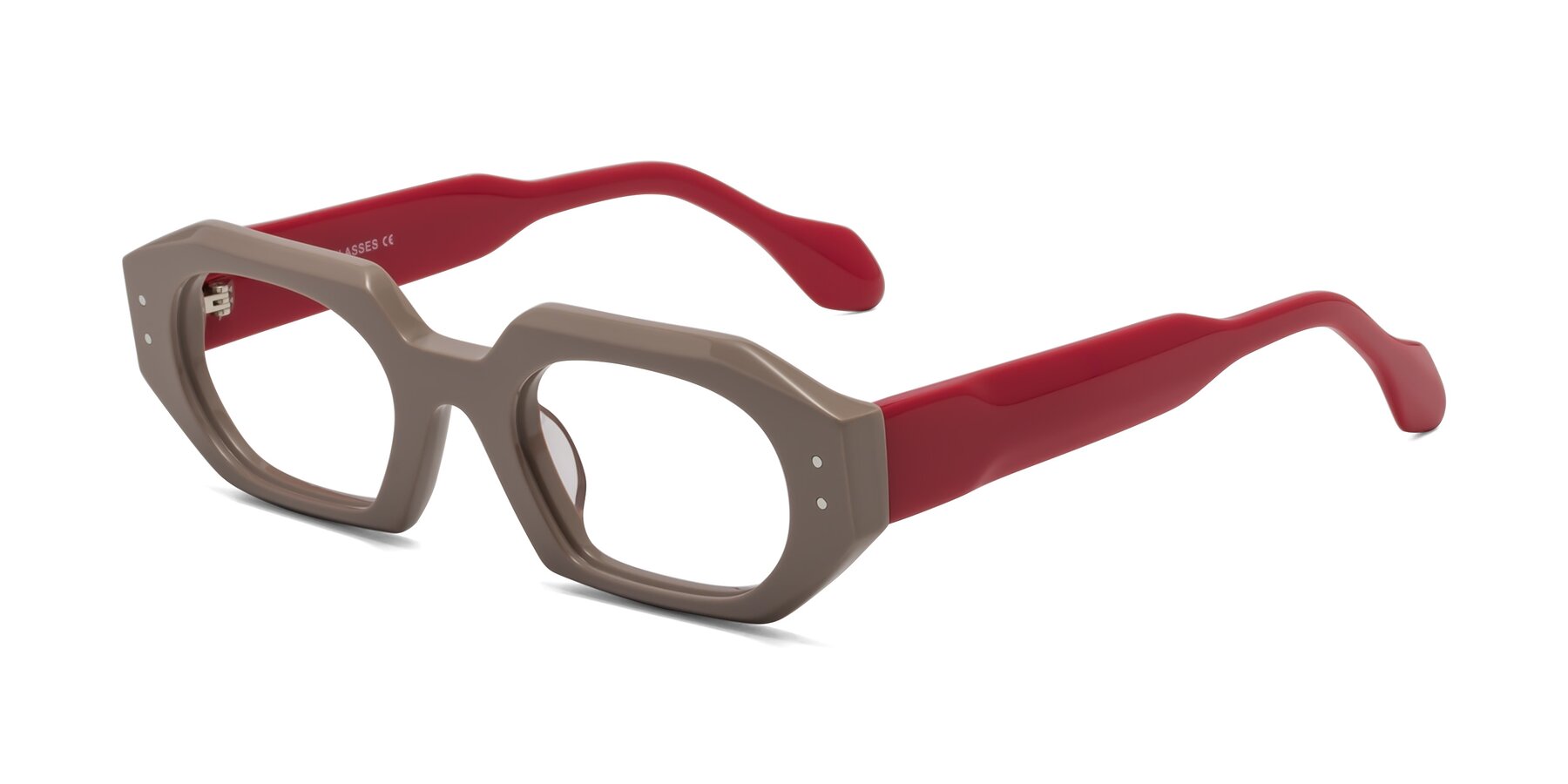 Angle of Molly in Pinkish Gray-Red with Clear Eyeglass Lenses