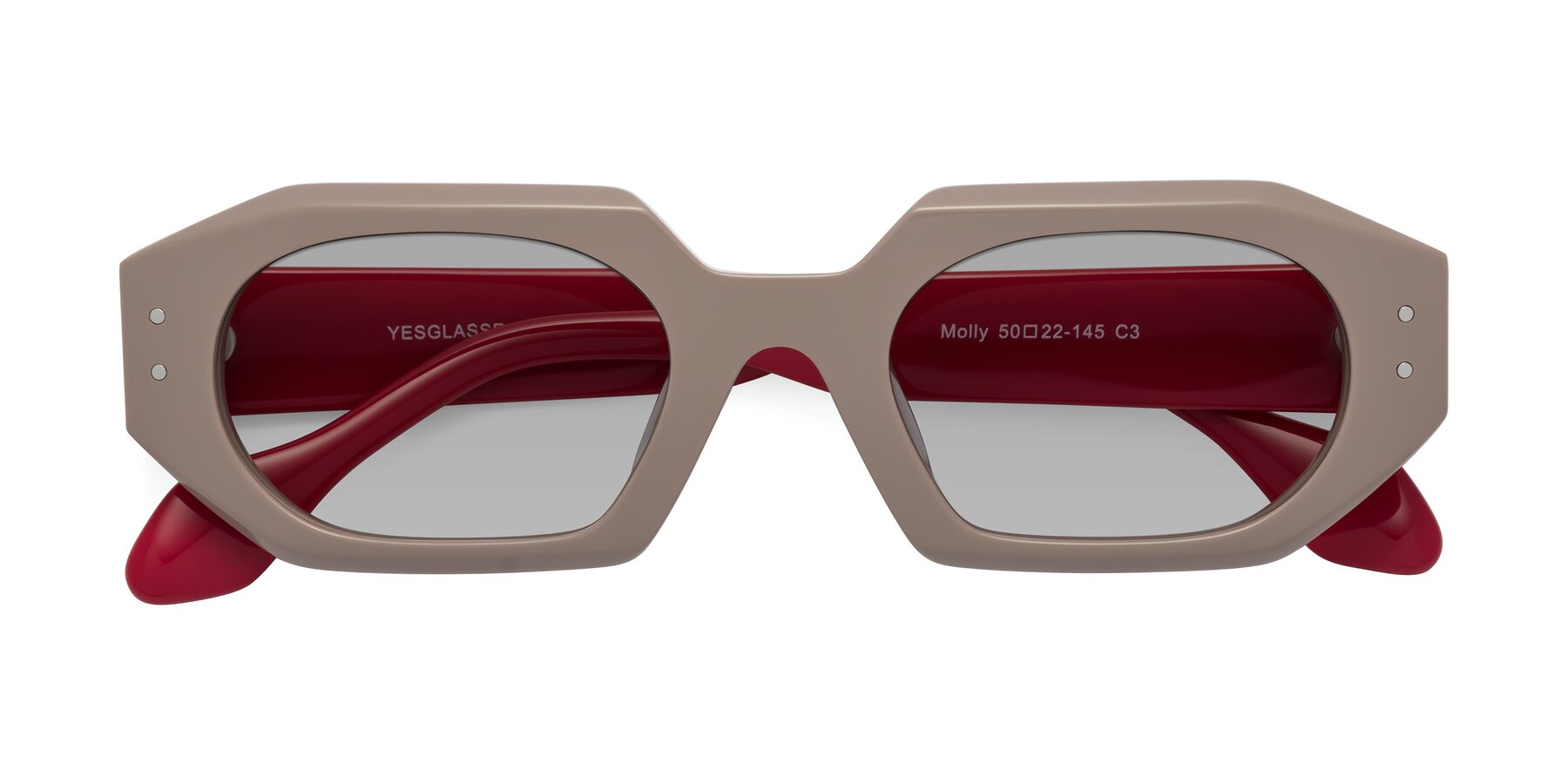 Folded Front of Molly in Pinkish Gray-Red with Light Gray Tinted Lenses