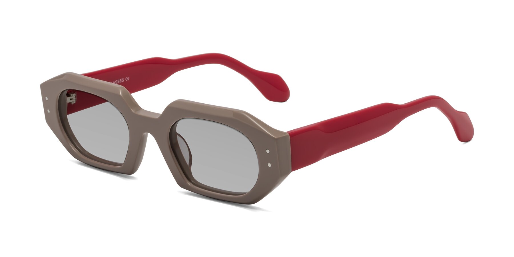 Angle of Molly in Pinkish Gray-Red with Light Gray Tinted Lenses