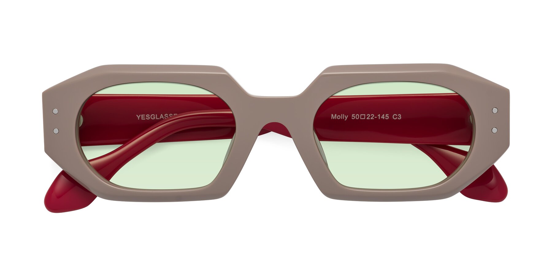 Folded Front of Molly in Pinkish Gray-Red with Light Green Tinted Lenses