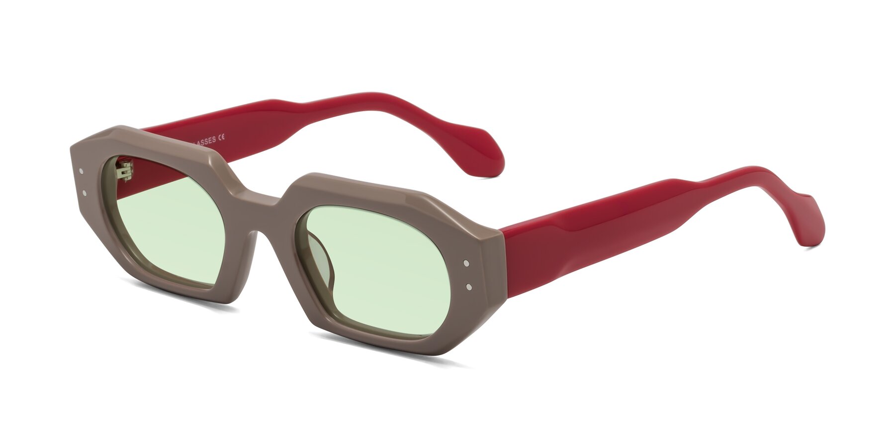 Angle of Molly in Pinkish Gray-Red with Light Green Tinted Lenses
