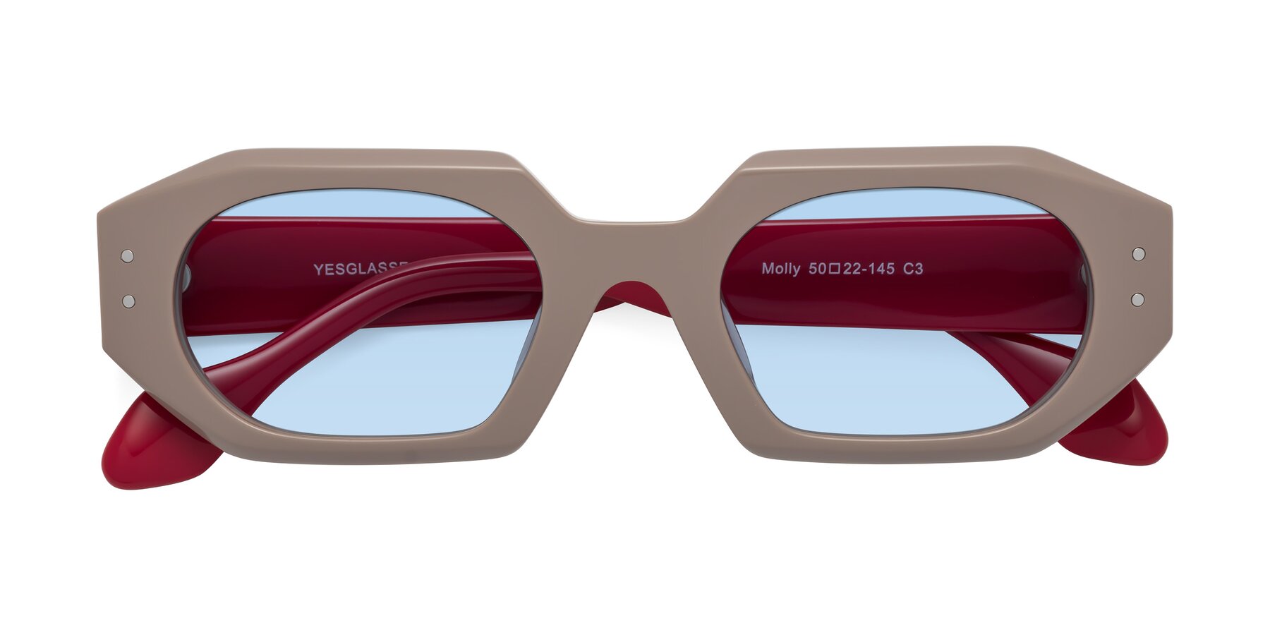 Folded Front of Molly in Pinkish Gray-Red with Light Blue Tinted Lenses