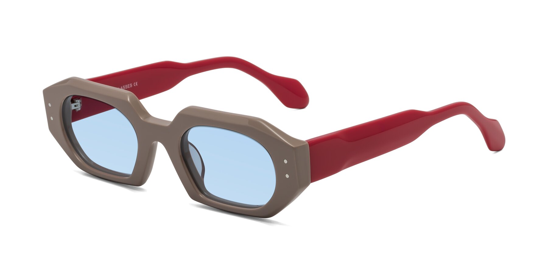 Angle of Molly in Pinkish Gray-Red with Light Blue Tinted Lenses