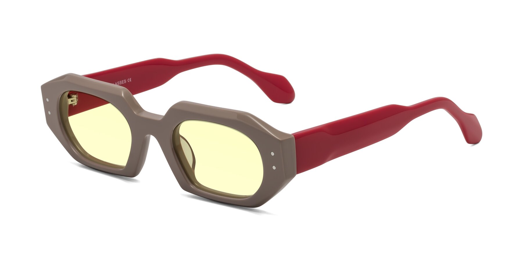 Angle of Molly in Pinkish Gray-Red with Light Yellow Tinted Lenses