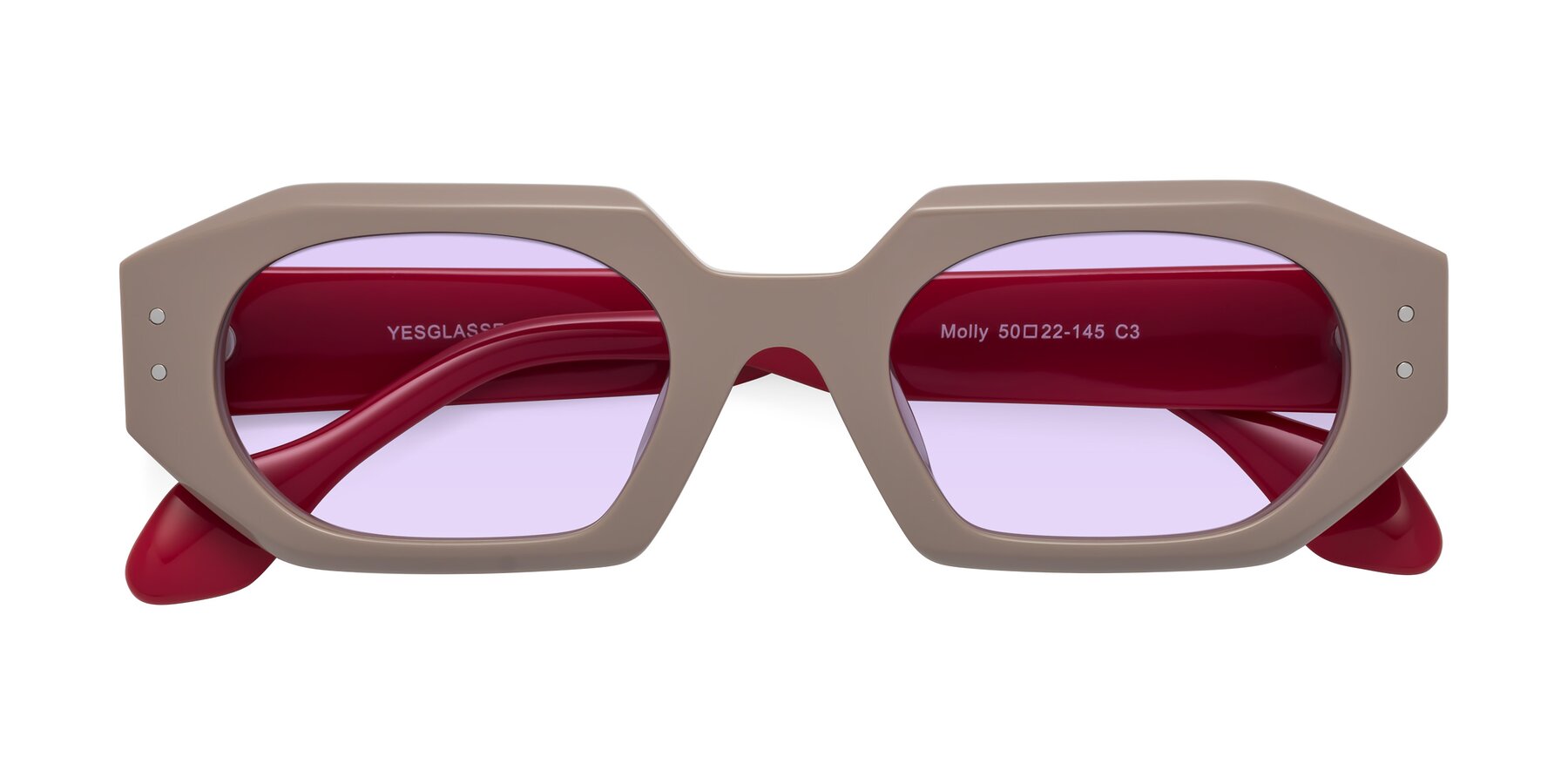 Folded Front of Molly in Pinkish Gray-Red with Light Purple Tinted Lenses