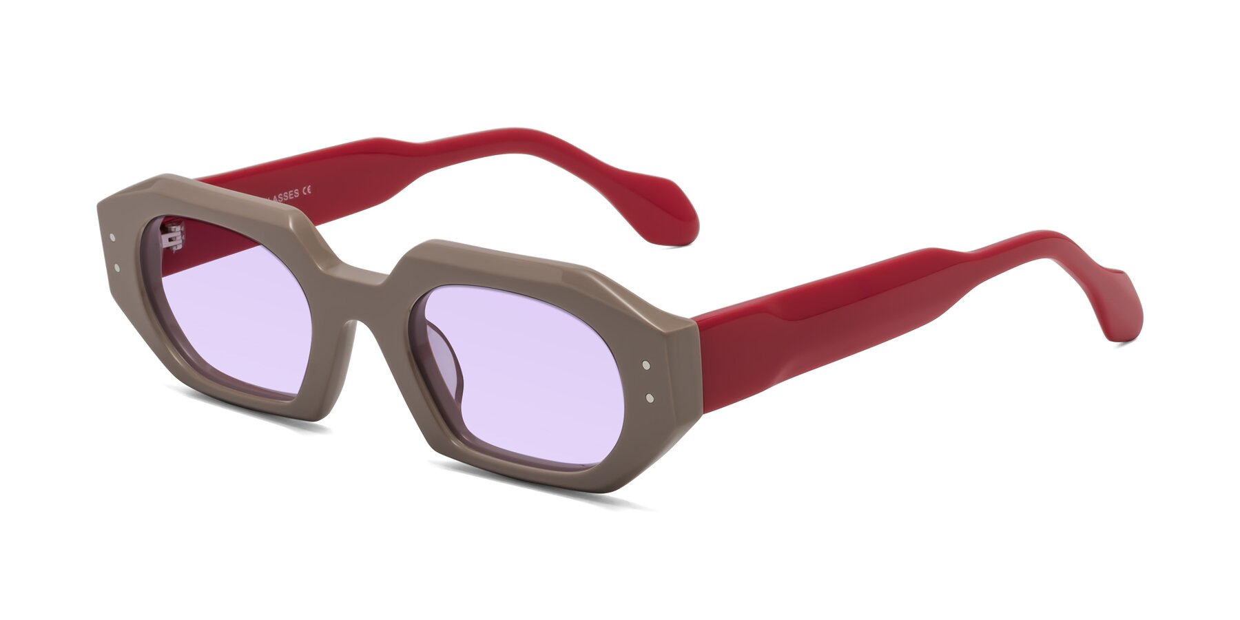 Angle of Molly in Pinkish Gray-Red with Light Purple Tinted Lenses