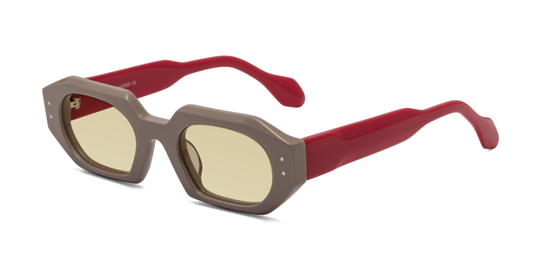 Angle of Molly in Pinkish Gray-Red with Light Champagne Tinted Lenses