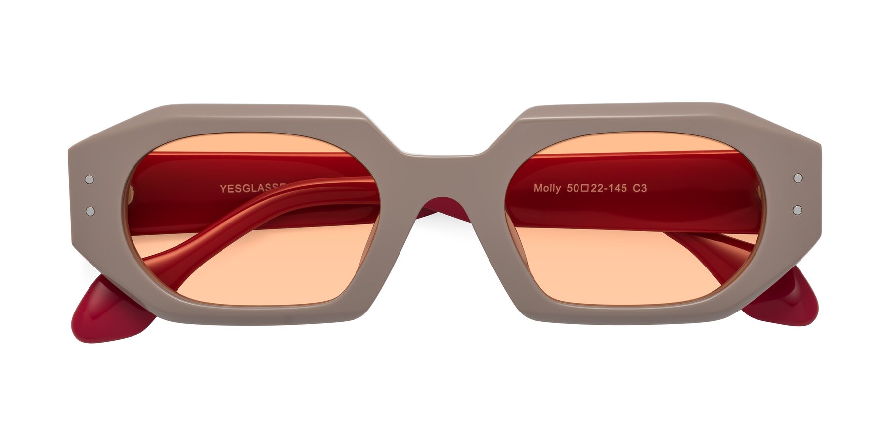 Folded Front of Molly in Pinkish Gray-Red with Light Orange Tinted Lenses