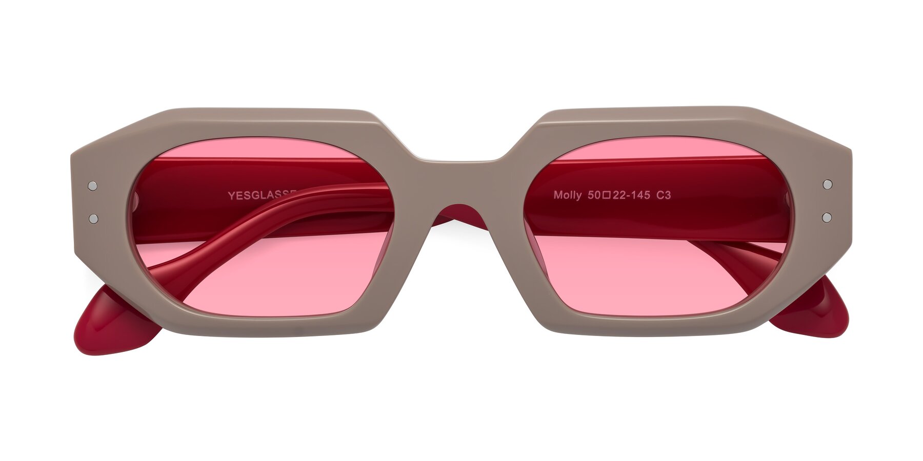 Folded Front of Molly in Pinkish Gray-Red with Pink Tinted Lenses