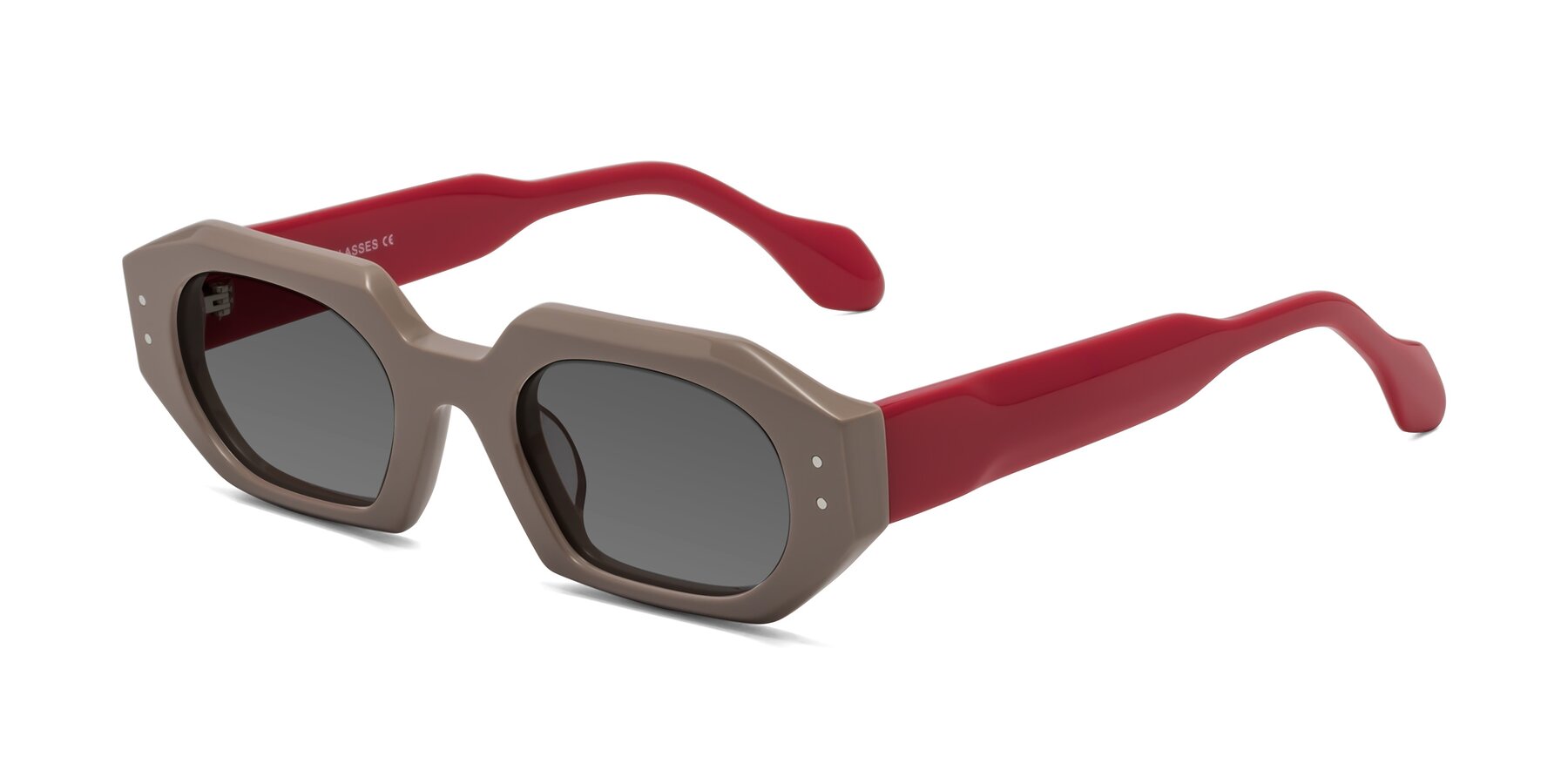 Angle of Molly in Pinkish Gray-Red with Medium Gray Tinted Lenses