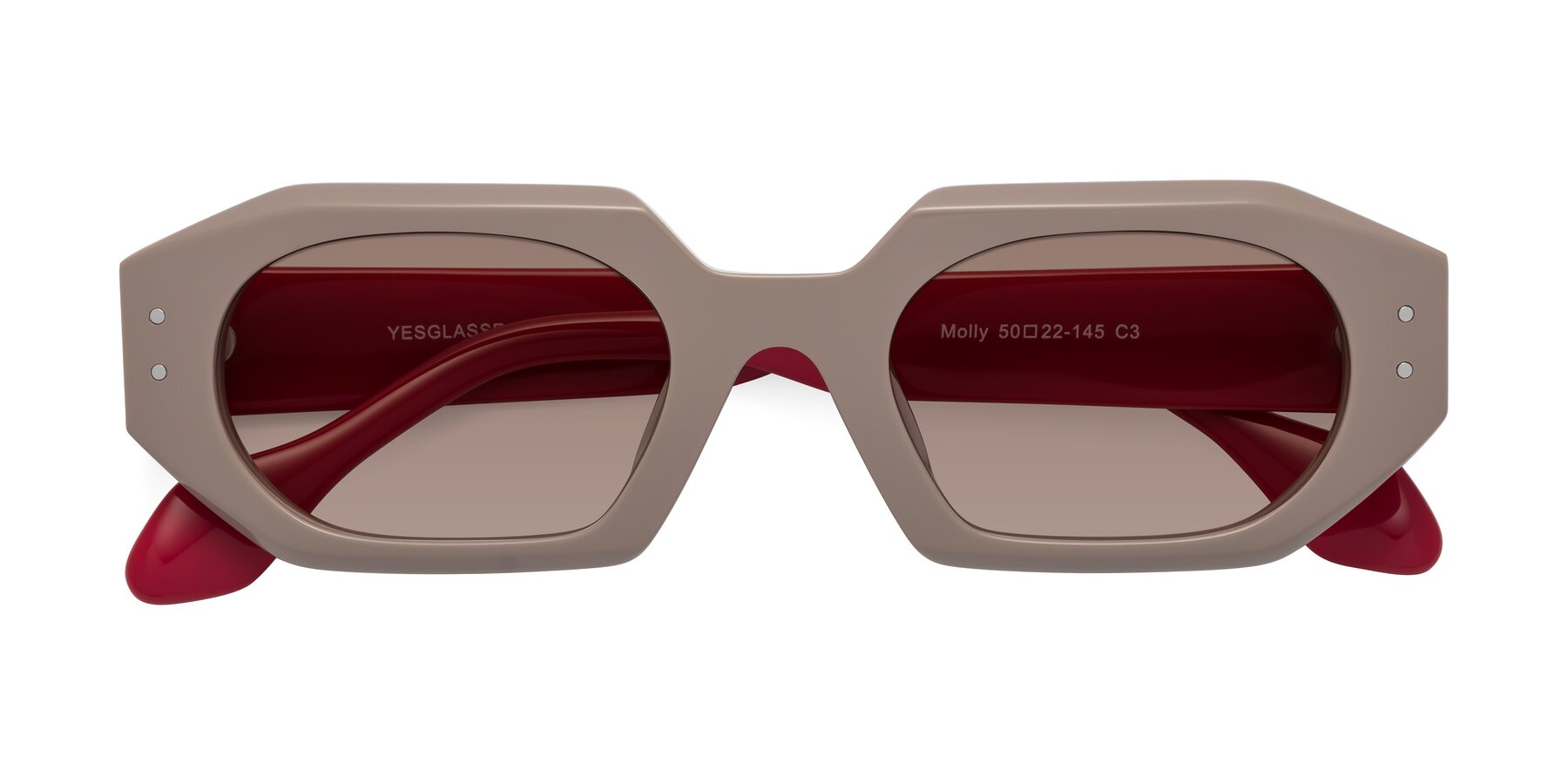 Folded Front of Molly in Pinkish Gray-Red with Medium Brown Tinted Lenses