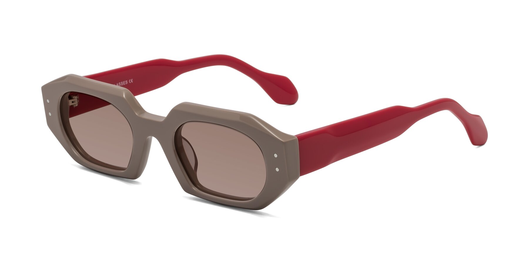 Angle of Molly in Pinkish Gray-Red with Medium Brown Tinted Lenses