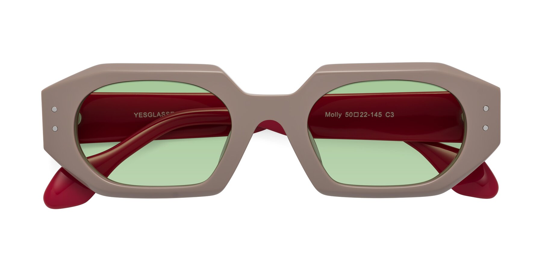 Folded Front of Molly in Pinkish Gray-Red with Medium Green Tinted Lenses