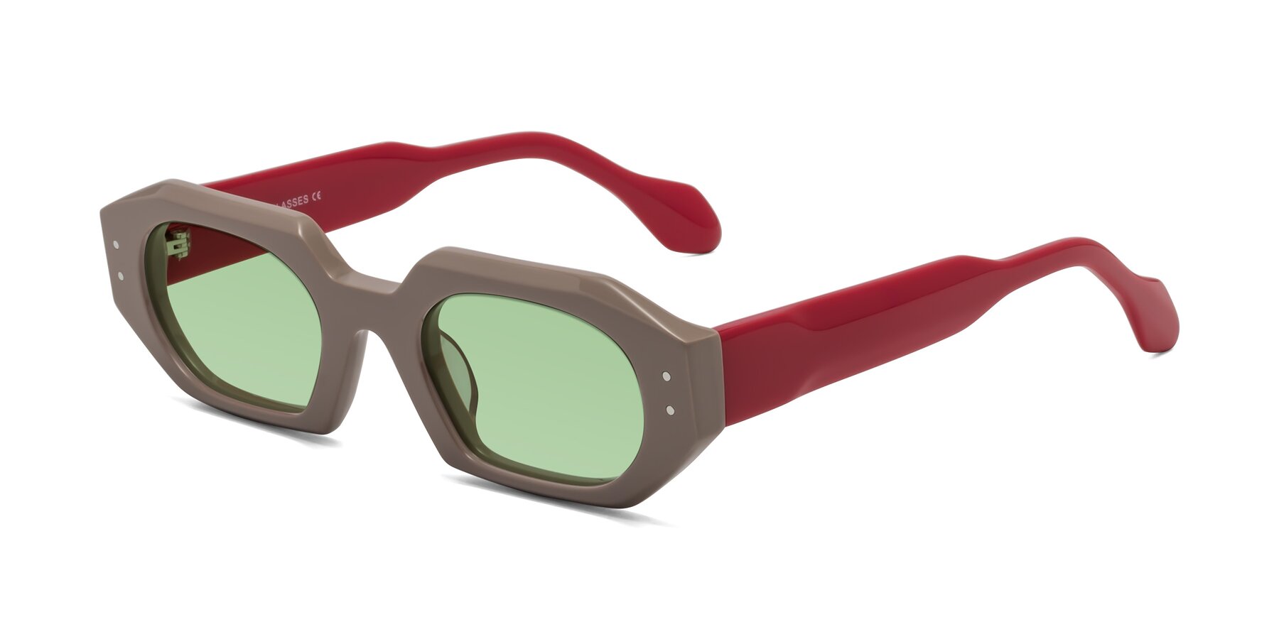 Angle of Molly in Pinkish Gray-Red with Medium Green Tinted Lenses