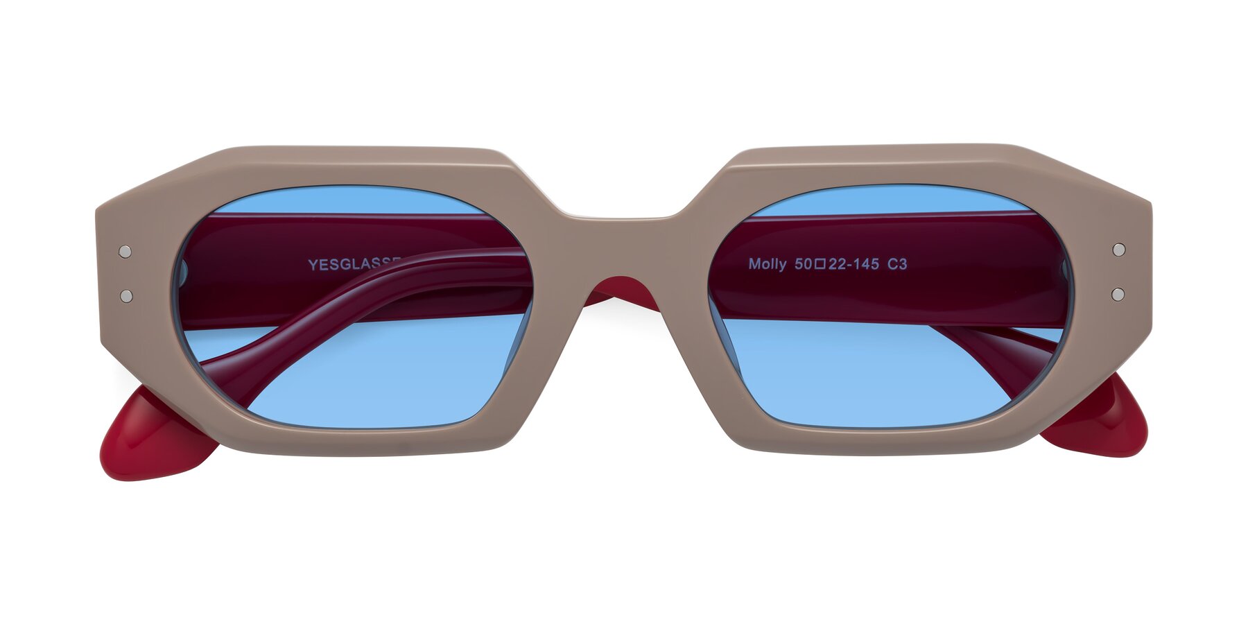 Folded Front of Molly in Pinkish Gray-Red with Medium Blue Tinted Lenses